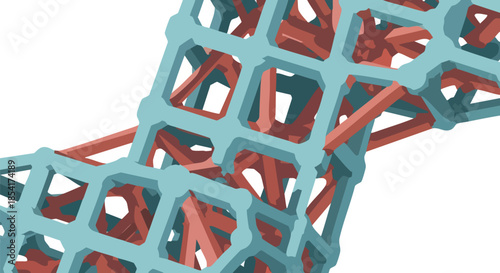 Abstract geometric lattice structure with interlocking cyan and red elements creates a complex, modern design.