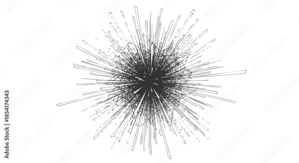 Fototapeta premium Abstract explosion of thin lines radiating outwards from a dark central point creating a dynamic burst effect on a white background.