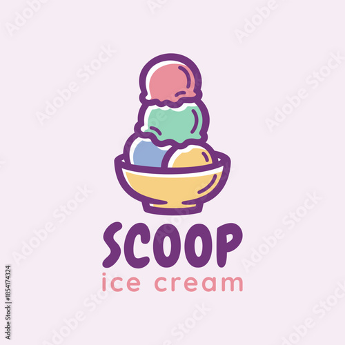 Cute ice cream scoop logo with colorful flavors in a bowl and playful style. Perfect for ice cream shops, dessert brands, cafes, kids products, packaging, stickers, and sweet logo designs.