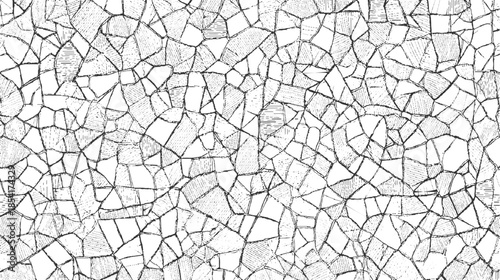 Black and white irregular geometric pattern with hatching and stippling textures abstract background