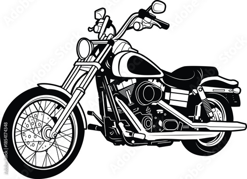 Black and white illustration of a custom cruiser motorcycle