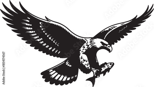 Striking black and white depiction of a majestic eagle soaring with a fish clutched in its powerful talons