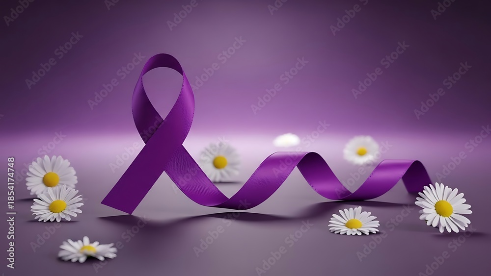 Fototapeta premium Purple ribbon awareness symbol with delicate white chamomile flowers on a muted background
