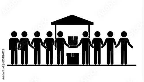Illustration of people queuing at a distribution point for goods or aid.