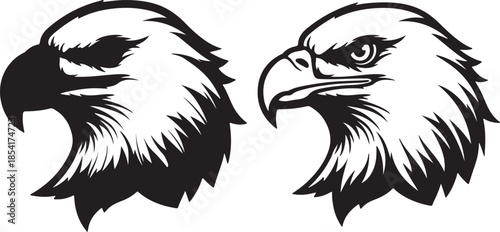 Two striking black and white bald eagle head profiles with varying levels of detail and shading