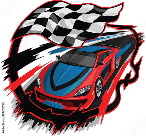 Red and blue sports car crossing finish line with checkered flag
