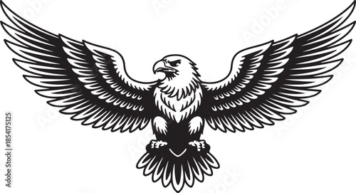 Bold monochrome drawing of a powerful bald eagle with broad wings spanning wide against a white background