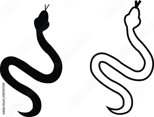 Black snake icon set in flat and line style, serpent silhouette and outline collection featuring coiled, crawling and abstract snake shapes, minimal monochrome vector graphic group