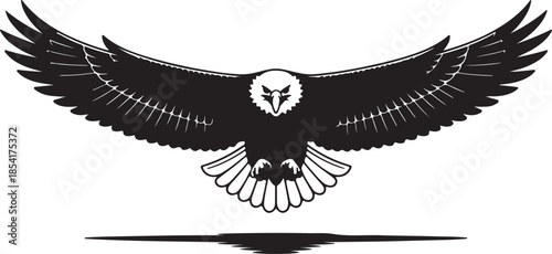 Intense black silhouette of an eagle with wide wings soaring towards the viewer above its reflection