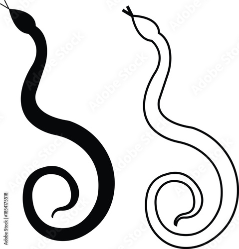 Black snake icon set in flat and line style, serpent silhouette and outline collection featuring coiled, crawling and abstract snake shapes, minimal monochrome vector graphic group