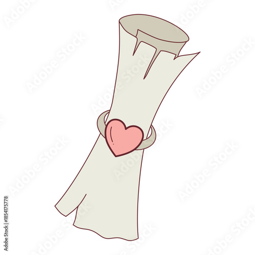 Rolled paper scroll document or letter tied with a heart shaped ring