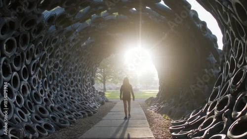 Woman walking through tire sculpture tunnel at sunrise in park  