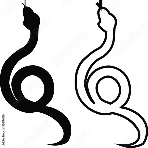 Black snake icon set in flat and line style, serpent silhouette and outline collection featuring coiled, crawling and abstract snake shapes, minimal monochrome vector graphic group