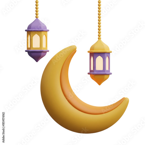 3D Crescent Moon and Lanterns for Islamic Festivities