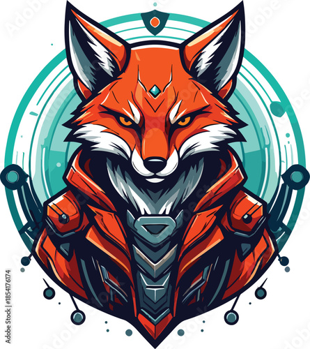 A stylized illustration of a futuristic fox character wearing a red and black jacket with metallic accents, set against a teal circle background. Perfect for gaming, esport logos, and