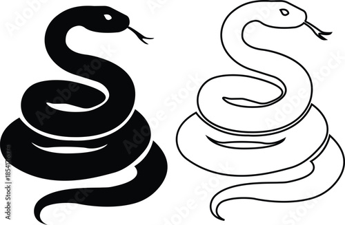 Black snake icon set in flat and line style, serpent silhouette and outline collection featuring coiled, crawling and abstract snake shapes, minimal monochrome vector graphic group