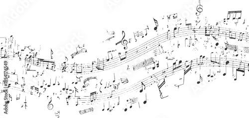 Black and white scattered musical notes and staves on white background treble clef