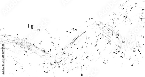 Black ink splashes and musical notes scattered across white background
