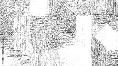 Black and white abstract geometric pattern with textured lines and shapes background