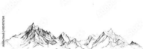 Black and white ink of a jagged mountain range with sharp peaks and textured slopes