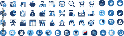 Collection of professional dark blue and light blue finance and business concept icons representing various economic activities and analytical tools for web design.
