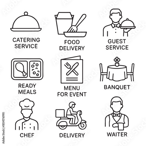 Catering line icon set vector. Catering service, food, delivery of ready meals, guest service, menu for event, banquet vector