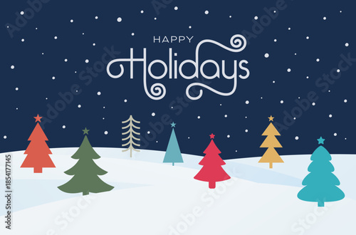 Elegant Happy Holidays Christmas banner, 
greeting card, web, social media banner 
with Modern simple cute Christmas trees vector, 
winter scene with a snowing forest