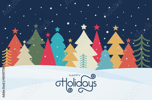 Modern elegant Happy Holidays Christmas card, 
background, banner, poster with cute colorful 
Christmas trees, winter scene with a snowing forest