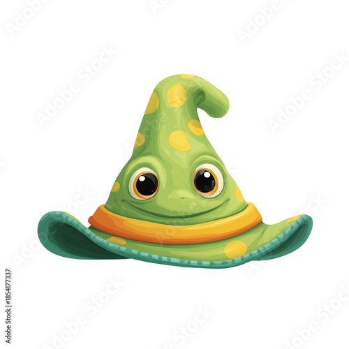 A cheerful green magic hat with big expressive eyes and playful polka dots