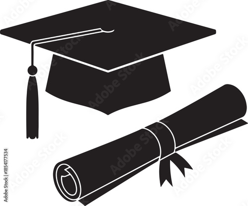 Foto Graduation cap and diploma scroll rendered in solid black silhouette, representi