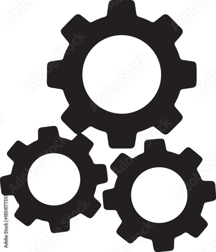 Interlocking black gears symbolizing mechanical connection teamwork and industrial process also transparent background