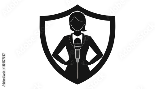 Silhouette of a businesswoman with microphone inside shield emblem.