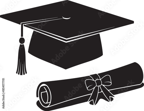 Stylized black silhouette of a graduation cap with a tassel and a rolled diploma secured by a decorative bow, signifying academic success and completion also transparent background