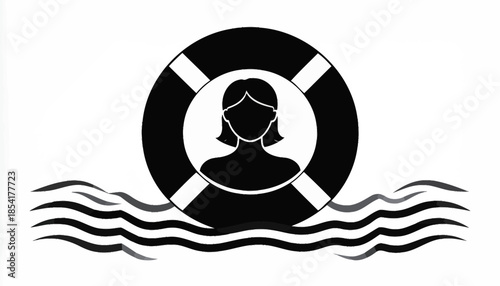 Conceptual vector illustration of a woman inside a life preserver floating on water.