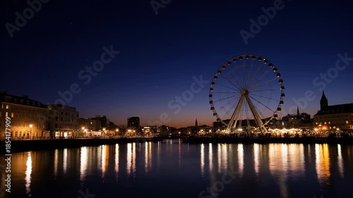 City Skyline Timelapse with Ferris Wheel at Sunset and Night.