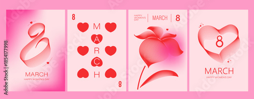 8 March greeting cards set. Line art flower, heart, number eight design. Soft pink gradient background.