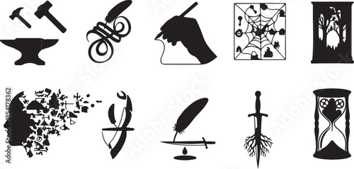 Silhouette icons of medieval quills inkwells and hourglasses isolated on transparent background