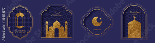 Islamic, oriental frame, silhouette. Paper cut style. Geometric arabian backgrounds. Ramadan Kareem concept. Mosque, moon, stars, lantern, ornaments, patterns, calligraphic sign. 