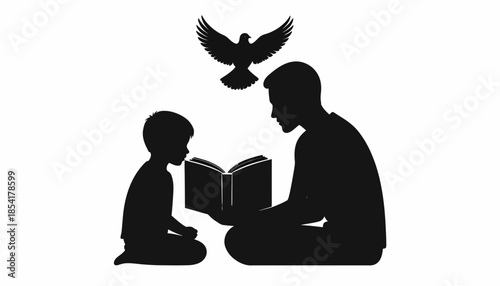 Silhouette of father reading a book to his son with dove.
