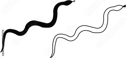 Black snake icon set in flat and line style, serpent silhouette and outline collection featuring coiled, crawling and abstract snake shapes, minimal monochrome vector graphic group