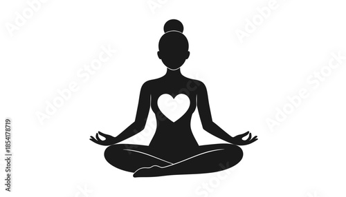 Silhouette of woman in lotus position with heart on chest, vector illustration.