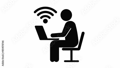 Person sitting on chair using laptop with wifi connection icon.