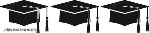 Set of three black graduation cap silhouettes with tassels representing academic achievement success and student commencement ceremony on white background.