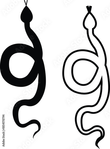 Black snake icon set in flat and line style, serpent silhouette and outline collection featuring coiled, crawling and abstract snake shapes, minimal monochrome vector graphic group