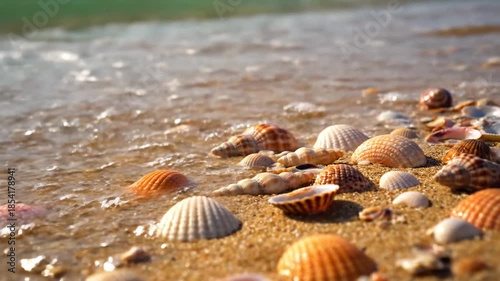 Colorful Seashells Scattered on a Golden Sandy Beach with Ocean Waves.