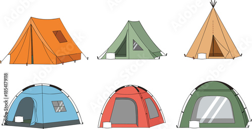 Set of various colorful camping tents including dome ridge and teepee styles for outdoor adventure summer forest hiking and scouting.
