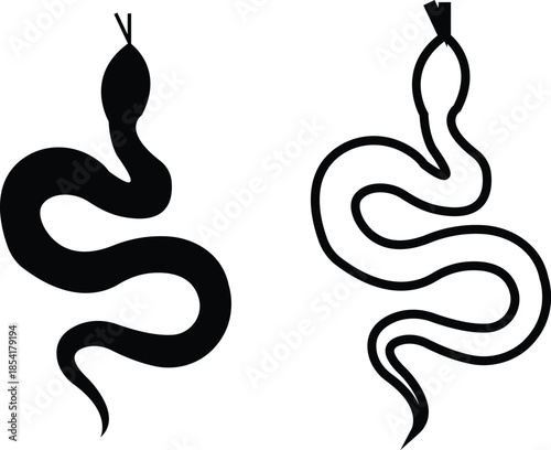 Black snake icon set in flat and line style, serpent silhouette and outline collection featuring coiled, crawling and abstract snake shapes, minimal monochrome vector graphic group