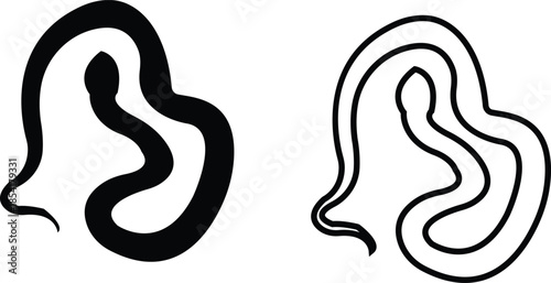 Black snake icon set in flat and line style, serpent silhouette and outline collection featuring coiled, crawling and abstract snake shapes, minimal monochrome vector graphic group