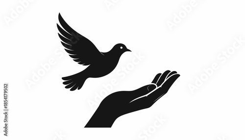 Dove flying from a hand, symbol of peace and hope in black and white.