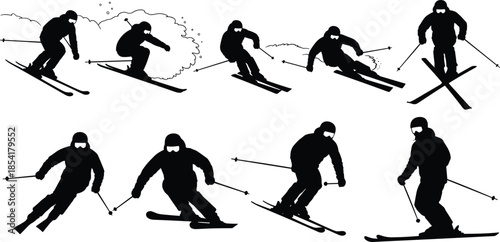 Vector set of black skier silhouettes showing various downhill skiing poses and professional mountain sport movements for winter holiday designs.